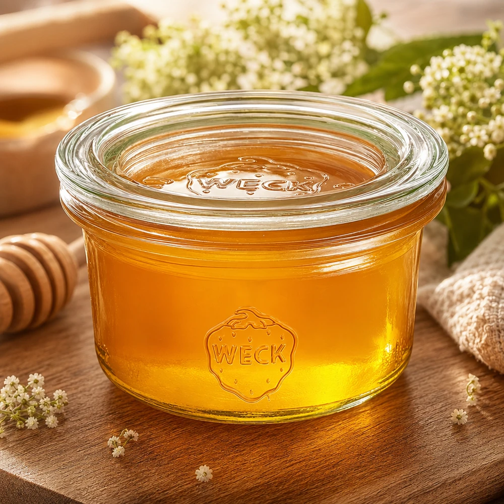 Kubki o pojemności 50 ml ze szklaną pokrywką WECK RR60 Kubki WECK 50ml wypełnione miodem obok łyżki miodu i kwiatów naturalnie prezentowanych na rustykalnym drewnianym stole