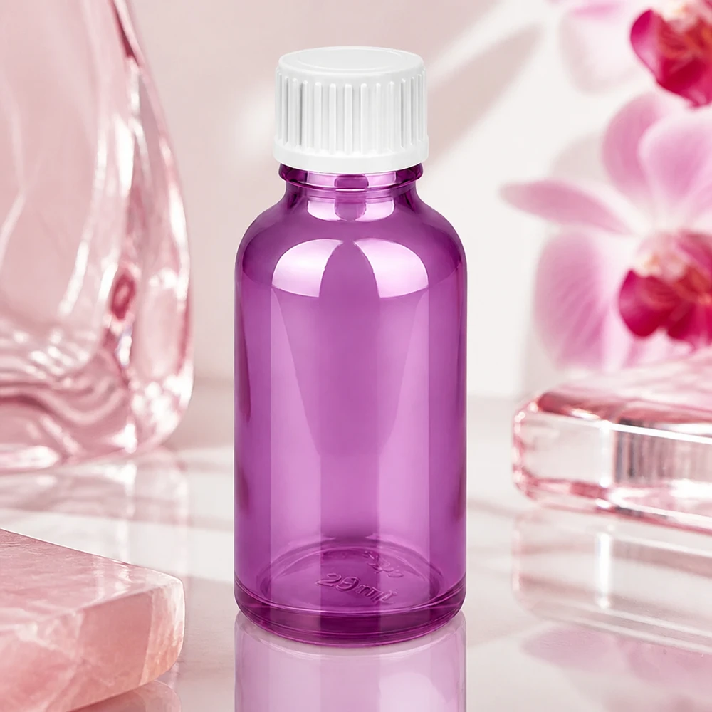 Butelka o pojemności 30 ml. Pierścień do nalewania 3 mm, biały Standard PurpleLine. UT18/30 Mała szklana buteleczka o pojemności 30 ml w błyszczącym fioletowym kolorze, idealna do perfum i olejków eterycznych.