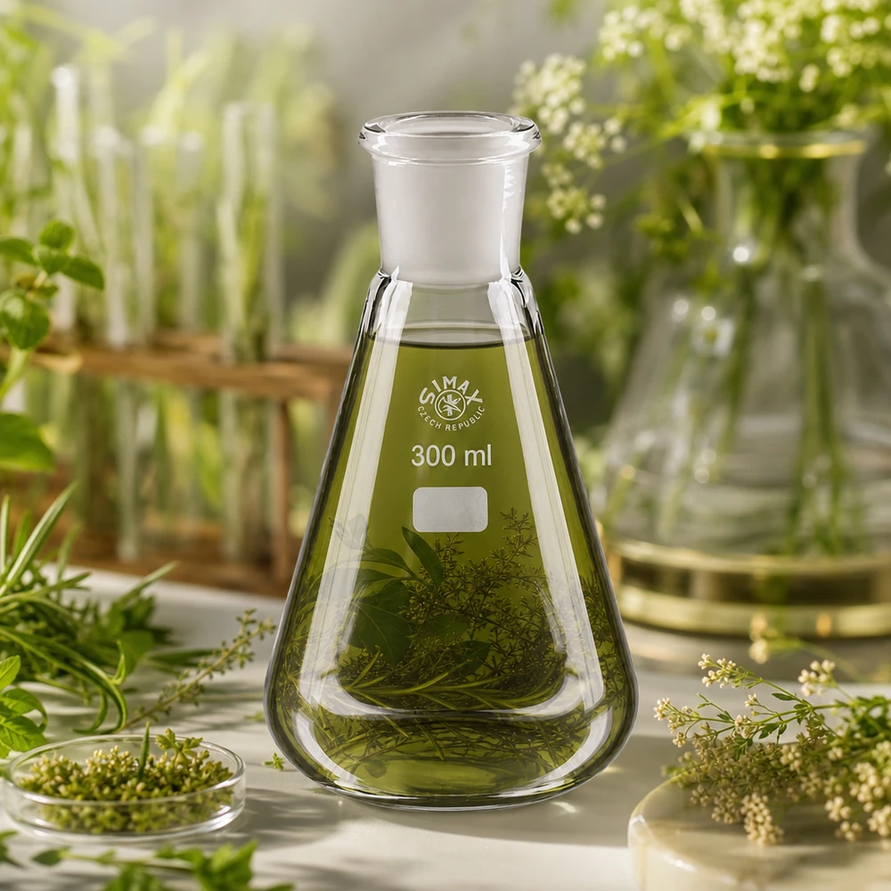 Kolba Erlenmeyera 300 ml ze standardowym szlifowanym złączem (29/32) Kolba Erlenmeyera 300 ml z zielonymi ziołami i ekstraktami roślinnymi do botanicznych eksperymentów laboratoryjnych