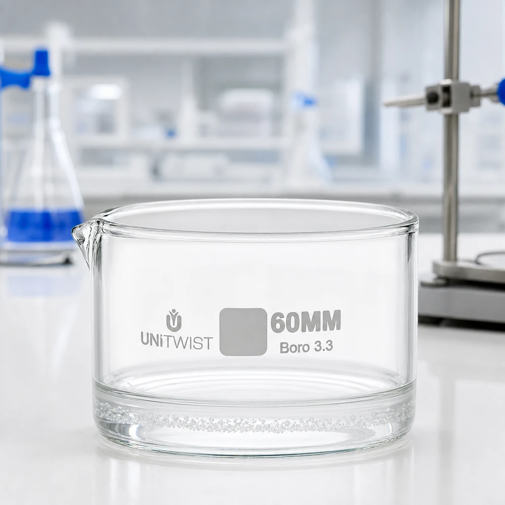 Miska krystalizacyjna ze szkła borokrzemowego 60 mm UNiTWIST Boro 3.3 na białej powierzchni laboratoryjnej