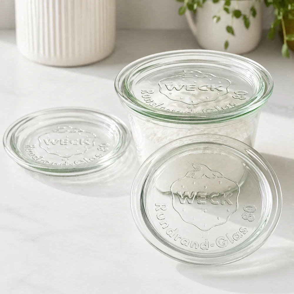 Szklana pokrywka WECK RR80 WECK Glasdeckel RR80 Set mit drei Deckeln auf weißer Oberfläche in moderner Küche für stylische Aufbewahrung