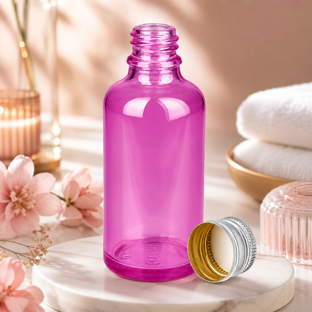 Butelka 50 ml 11 mm z aluminiowo-srebrną zakrętką PurpleLine.UT18/50 Elegancka butelka z zakraplaczem o pojemności 50 ml z fioletowego szkła z wysokiej jakości aluminiowo-srebrną zakrętką.