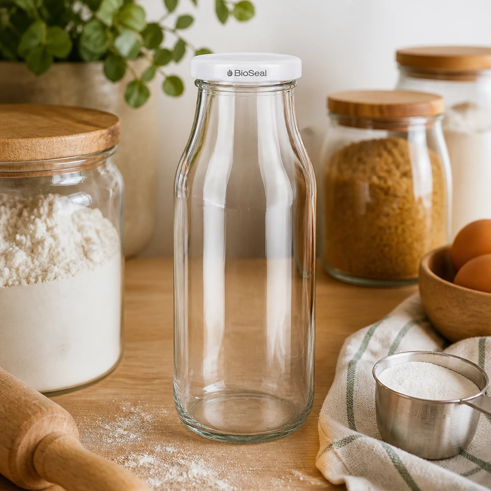 Butelka UNiTWIST263 z białą pokrywką TO43 BioSeal UNiTWIST Bottle263 szklana butelka pusta w kuchni z drewnianymi szafkami i przyborami kuchennymi