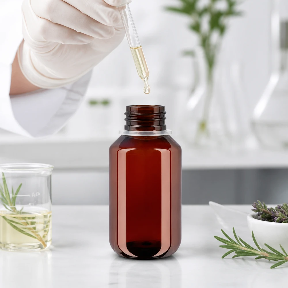 Kleine 100ml PET Lichtschutzflasche mit weißem OV Deckel und Glasbecher für Kräuterauszüge