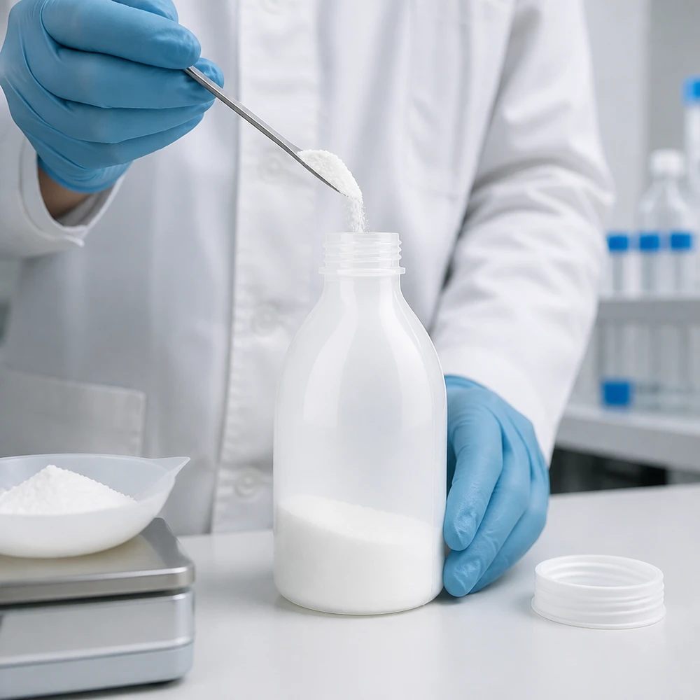 Biała butelka laboratoryjna z wąską szyjką o pojemności 250 ml, wykonana z białego tworzywa HDPE, otwarta podczas napełniania białym proszkiem