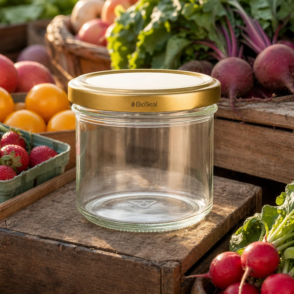 UNiTWIST Lintel125 w kolorze złotym. Pokrywa TO66 BioSeal UNiTWIST 125ml Einmachglas leer mit goldenem TO66 Deckel - umgeben von frischem Gemüse und Obst auf Holzbrett
