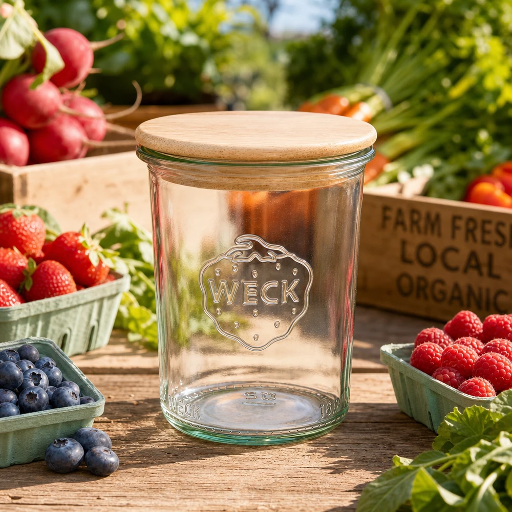 Kubki WECK RR60 o pojemności 160 ml z drewnianą pokrywką WECK słoik do przetworów 160ml RR60 pomiędzy świeżymi jagodami i warzywami na drewnianym stole naturalna dekoracja kuchni