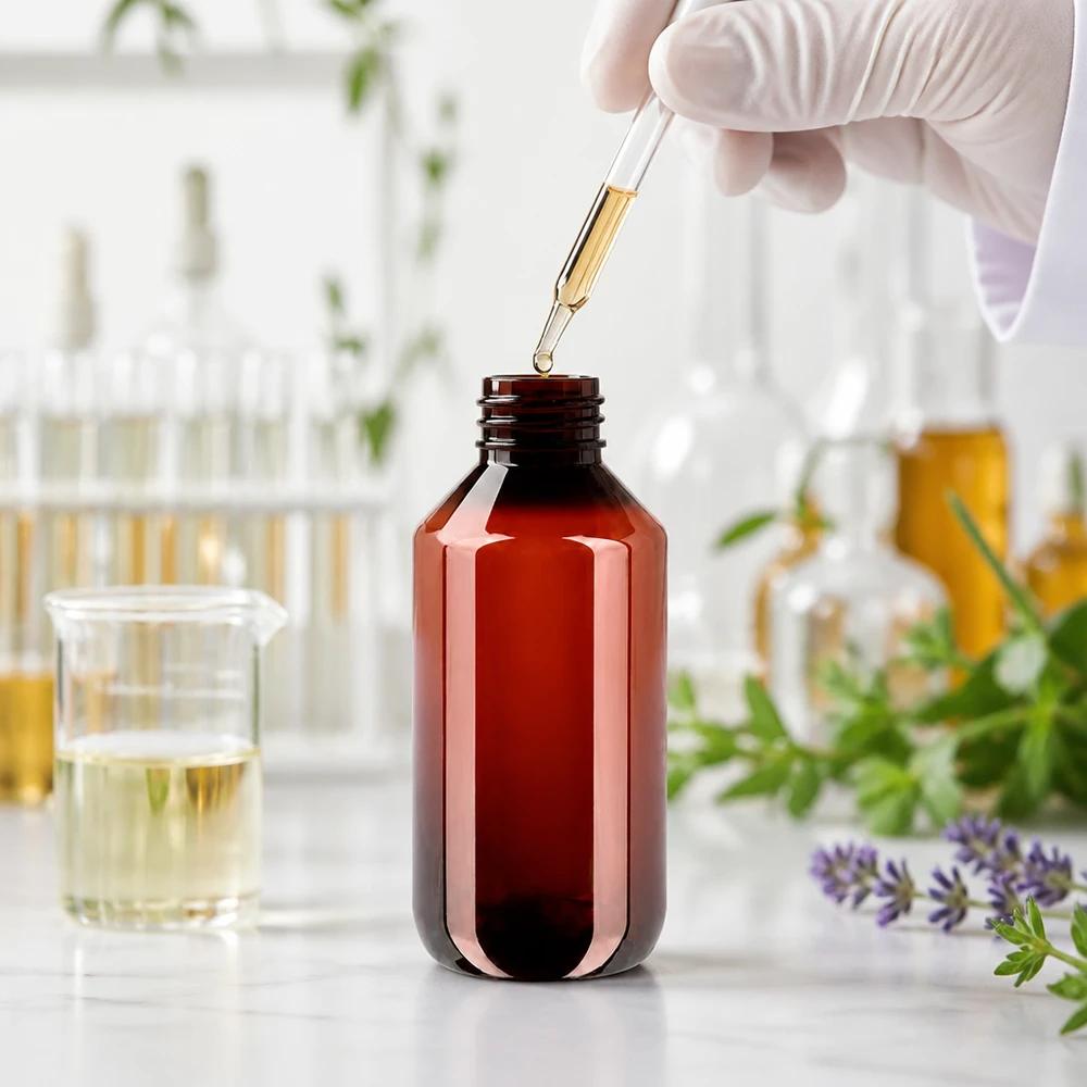 Brązowa butelka PET o pojemności 200 ml z zabezpieczeniem przed dziećmi, przeznaczona do olejków eterycznych i kosmetyków naturalnych