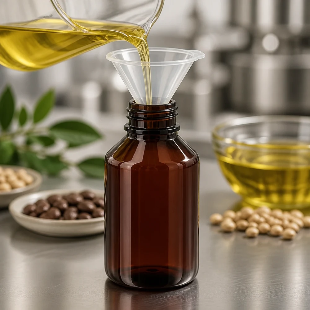 Kompaktowa butelka PET o pojemności 50 ml z białym zamknięciem zabezpieczającym, przeznaczona do rozlewania olejów roślinnych