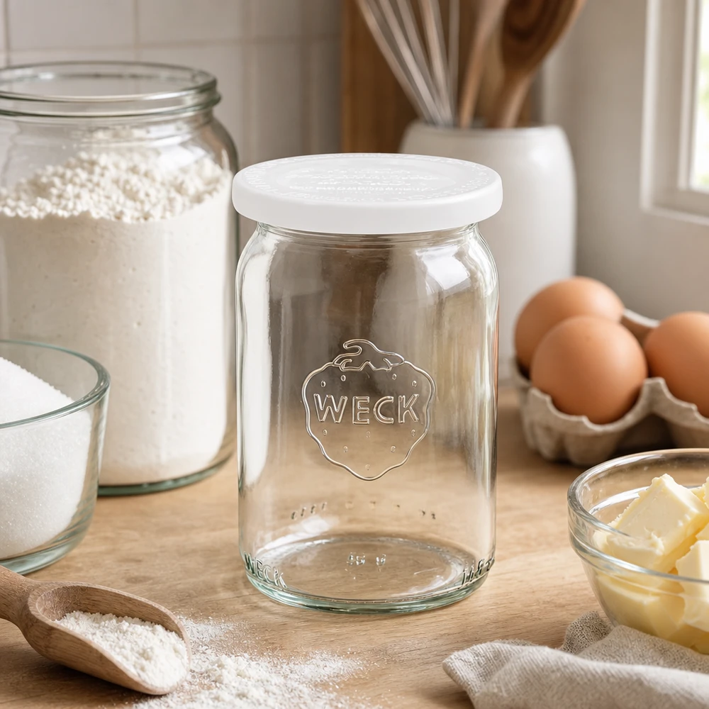 WECK RR40 cylindryczny słoik 145 ml z białą pokrywką na drewnianej desce obok składników do pieczenia, takich jak jajka, mąka i masło