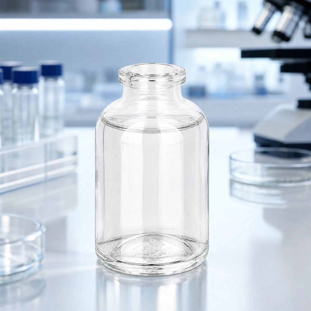 Butelka iniekcyjna z przezroczystego szkła 50 ml Kleines 50ml Laborgefäß aus Klarglas neben Petrischalen und Reagenzgläsern