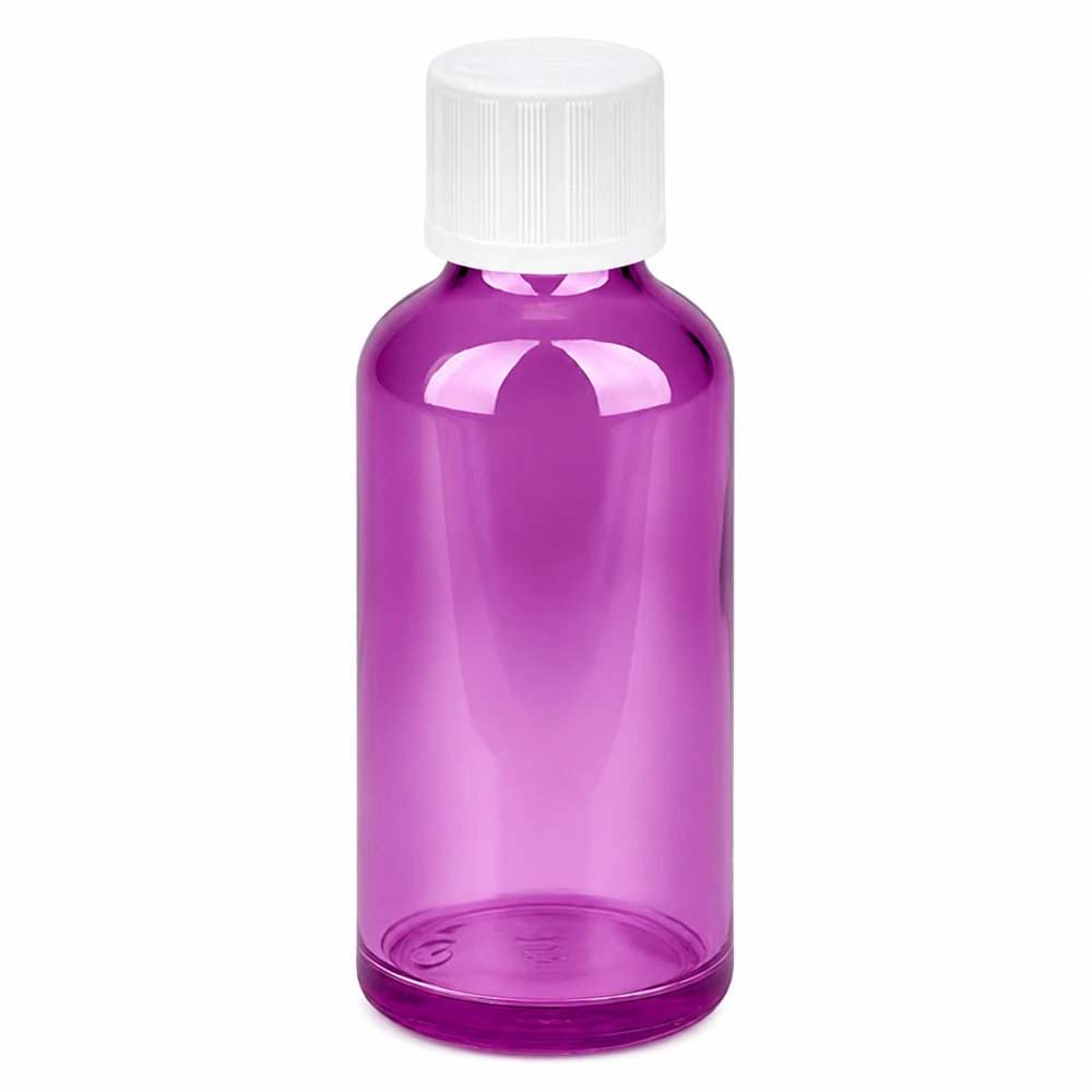 Butelka z zakraplaczem 50 ml 1,2 mm biała Standardowy, zabezpieczony przed dziećmi PurpleLine.UT18/50 50 ml plastikowa butelka z zakraplaczem w kolorze fioletowym z białą zakrętką i otworem zakraplacza 1,2 mm