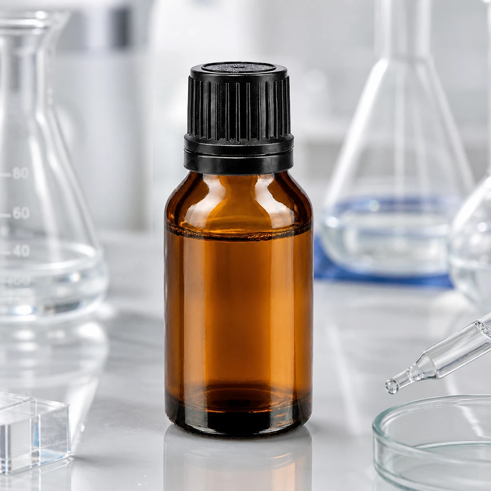 Butelka z brązowego szkła o pojemności 15 ml z czarną zakrętką i pierścieniem do nalewania w warunkach laboratoryjnych