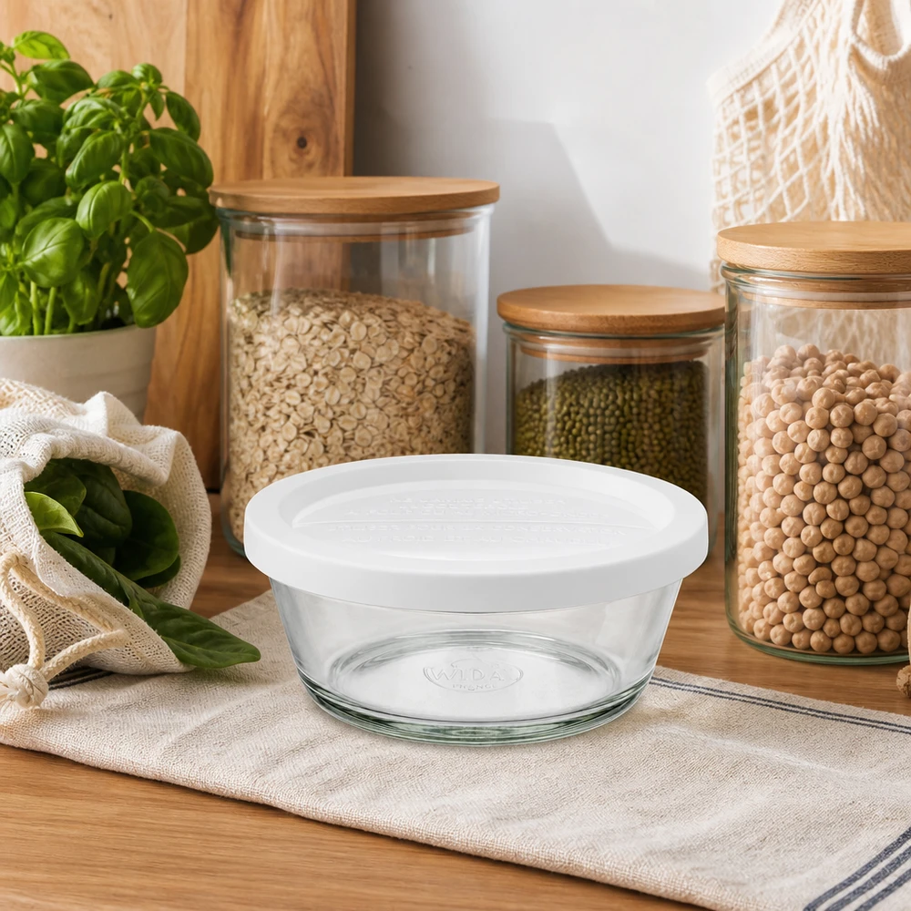 Słoik dla smakoszy o pojemności 300 ml. WECK RR120 WECK RR120 Gourmetglas 300ml mit weißem Deckel in natürlicher Küchenumgebung mit Kräutern und Vorratsgläsern