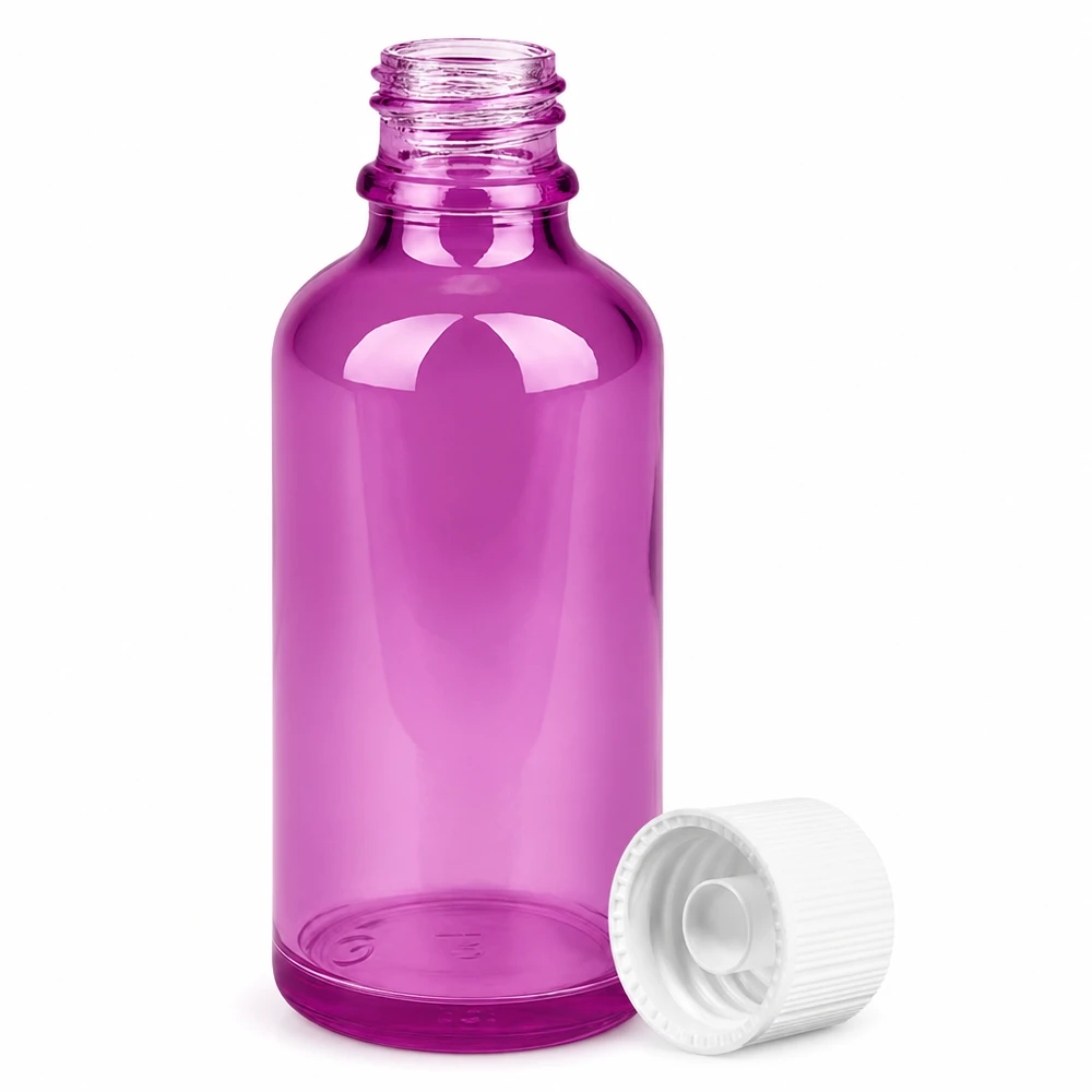 Butelka 50 ml z zakrętką 11 mm, biała, standardowa PurpleLine UT18/50 Mała 50 ml butelka z zakraplaczem z fioletowego szkła z otworem 11 mm do olejków eterycznych i serum