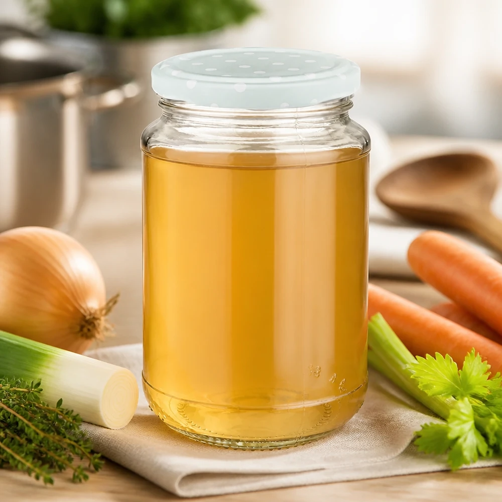 Okrągła szklanka 320 ml + BasicSeal – kropki w kolorze miętowym, matowa, UNiTWIST Domowy bulion w okrągłej szklanej butelce UNiTWIST o pojemności 320 ml z matową pokrywką BasicSeal w kolorze miętowym obok warzyw