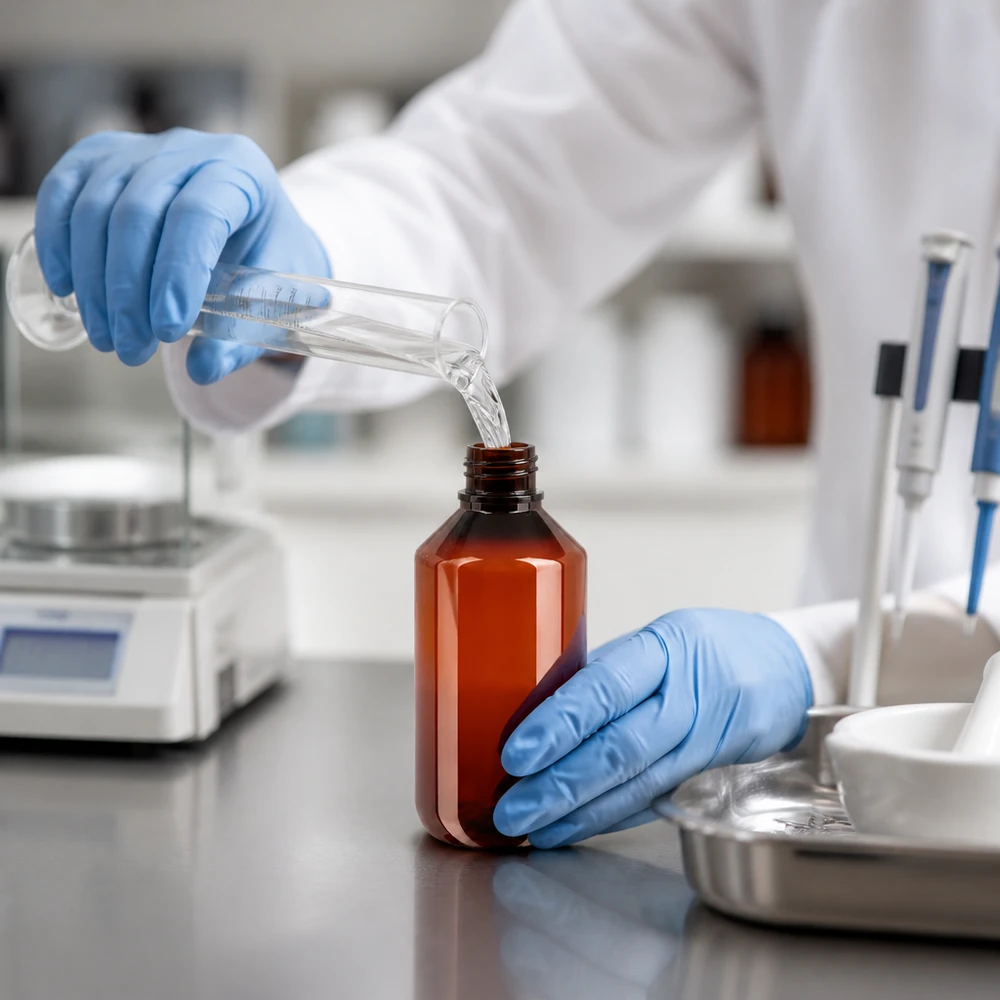 Laborant napełnia brązową butelkę PET o pojemności 200 ml z klapkowym zamknięciem płynem z szklanki