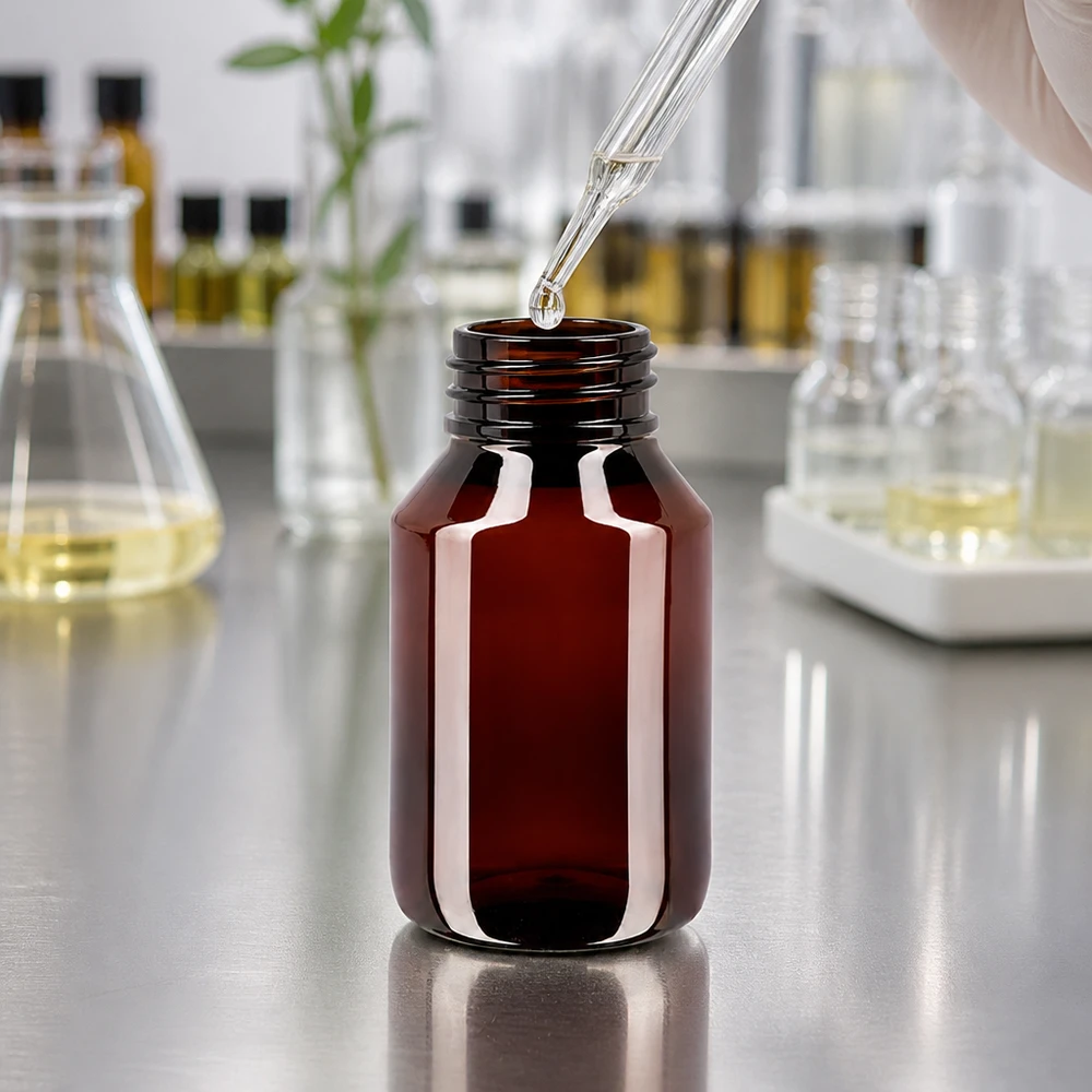 Brązowa butelka z PET o pojemności 50 ml z nieprzezroczystym zamknięciem zapewniającym ochronę przed światłem oraz niebieskim zamknięciem zabezpieczającym przed manipulacją, przeznaczona do olejków i esencji
