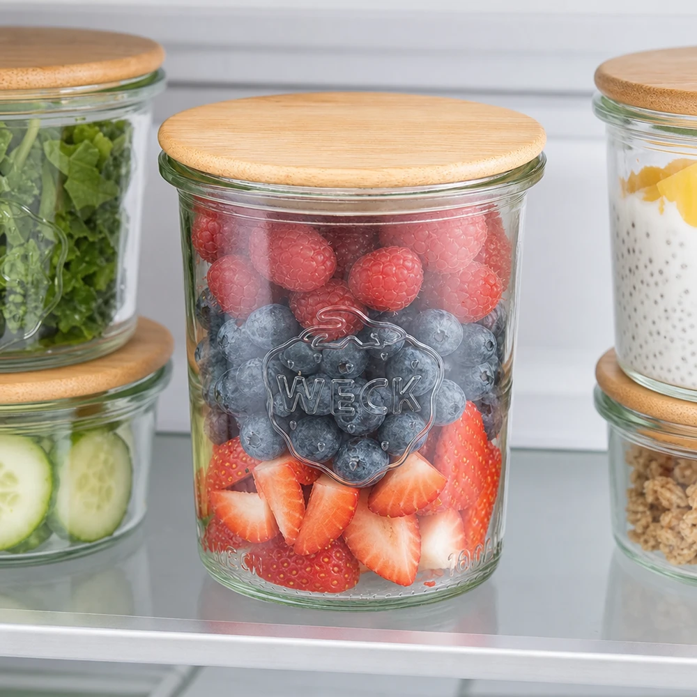 Kubki WECK RR60 o pojemności 160 ml z drewnianą pokrywką WECK 160ml RR60 słoik do lodówki świeże jagody owoce zorganizowane przechowywanie bambusowa pokrywa