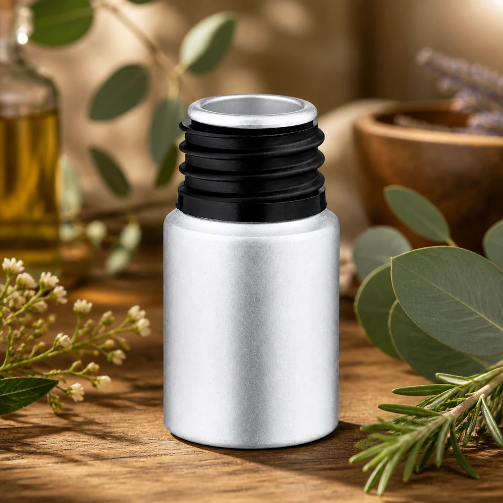 Mała aluminiowa buteleczka o pojemności 10 ml w eleganckim srebrnym kolorze do olejków i esencji aromaterapeutycznych
