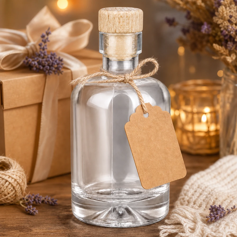 50 ml szklana butelka Amelie w zestawie upominkowym ozdobiona zawieszką z lawendowego papieru pakowego i ciepłym światłem świecy