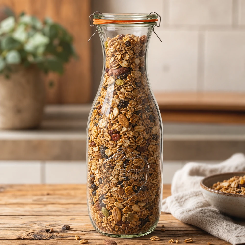 Butelka na sok o pojemności 1062 ml, kompletny zestaw WECK RR60 Butelka na sok WECK 1062ml RR60 wypełniona orzeszkami musli prezentowana jako słoik do przechowywania w ciepłej kuchennej atmosferze.