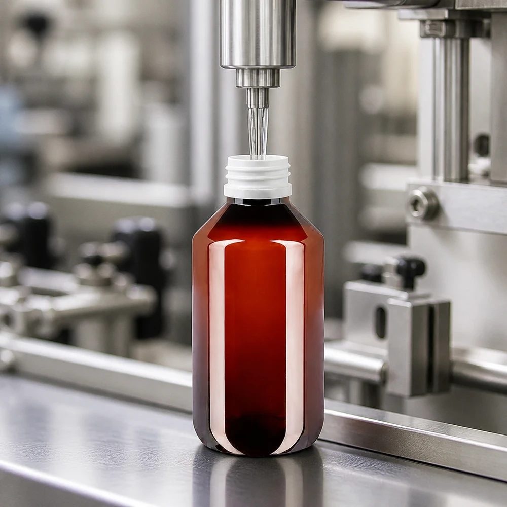 Linia rozlewnicza do produktów farmaceutycznych napełnia brązową butelkę PET o pojemności 100 ml z białym zakrętkiem