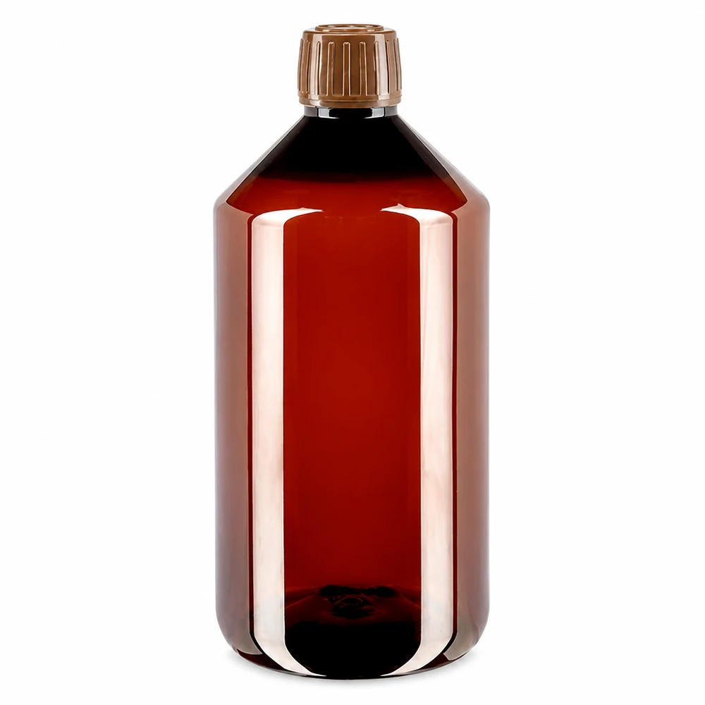 Brązowa butelka PET o pojemności 750 ml z zamknięciem OV do zastosowań farmaceutycznych i kosmetycznych