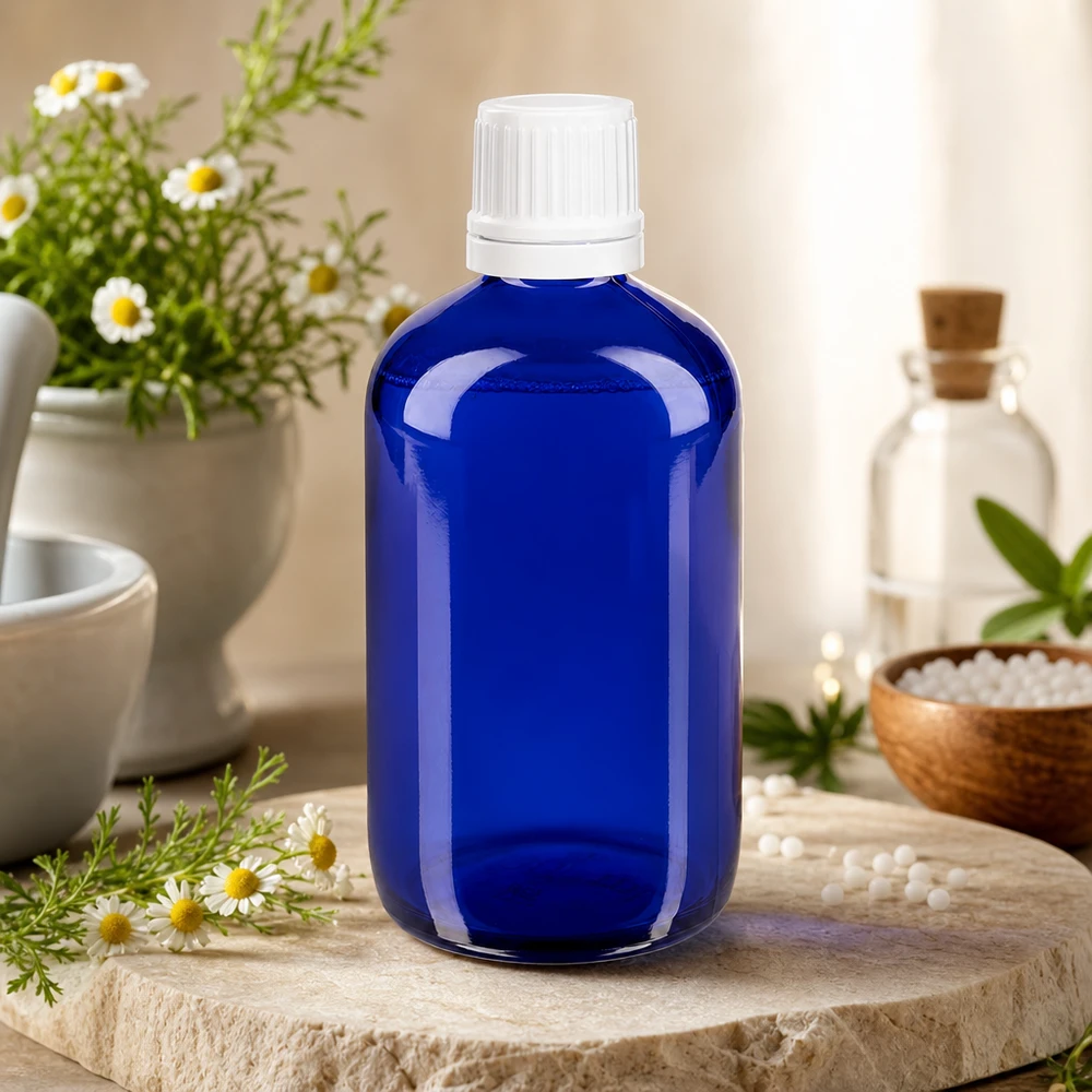 Butelka apteczna niebieska 100ml zakrętka biała OV Niebieska szklana butelka o pojemności 100 ml z białym zamknięciem typu OV, stojąca na naturalnym kamieniu obok kwiatów rumianku i kulek homeopatycznych