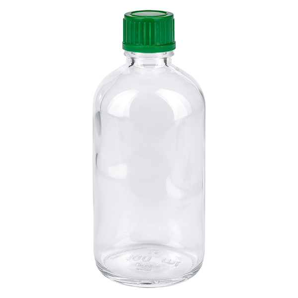 Butelka 100 ml 11 mm SV zielona STD ClearLine UT18/100 100 ml przezroczysta szklana butelka z zieloną zakrętką 11 mm ClearLine UT18/100