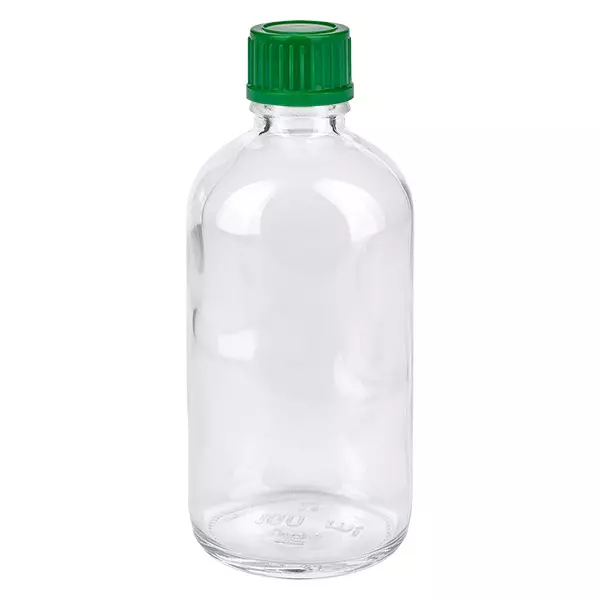 Butelka 100 ml 11 mm SV zielona STD ClearLine UT18/100 100 ml przezroczysta szklana butelka z zieloną zakrętką 11 mm ClearLine UT18/100