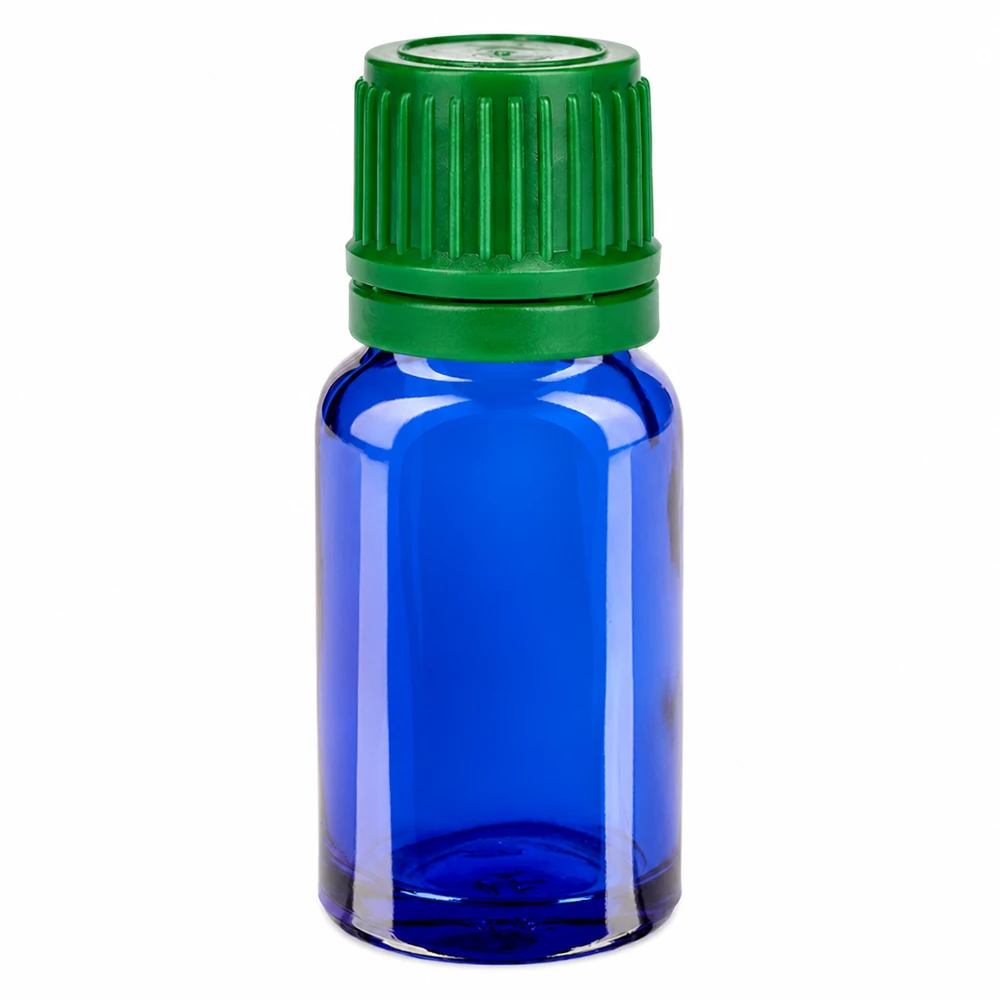 10 ml niebieska szklana butelka z zieloną zakrętką na olejki eteryczne i kosmetyki