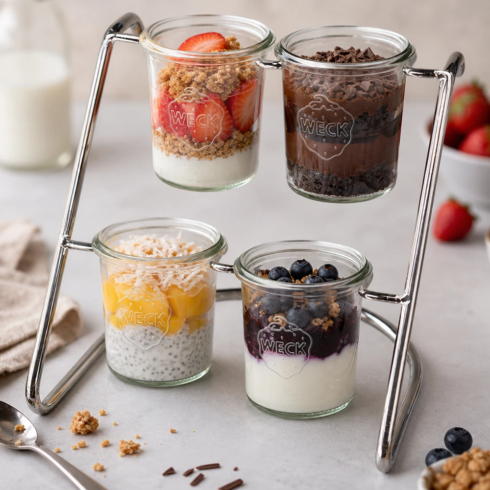 Stojak do serwowania Flato4 z kolorowymi deserami w słoiczkach WECK - jogurt, jagody i granola apetycznie zaprezentowane