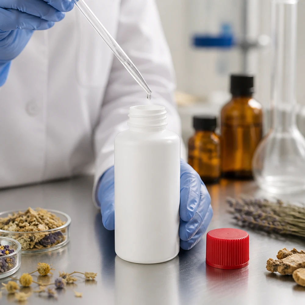Butelka apteczna z HDPE o pojemności 50 ml, biała, z czerwoną zakrętką, w laboratorium farmaceutycznym