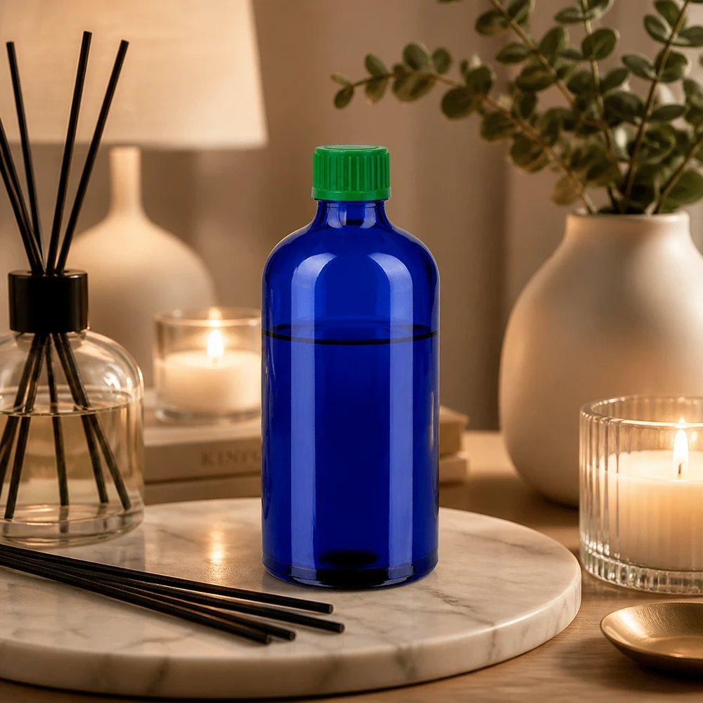 100 ml butelka z zakraplaczem 0,8 mm zielona STD BlueLine UT18/100 Wysokiej jakości niebieska butelka z kroplomierzem 100 ml wykonana ze szkła z zieloną plastikową zakrętką do bezpiecznego przechowywania