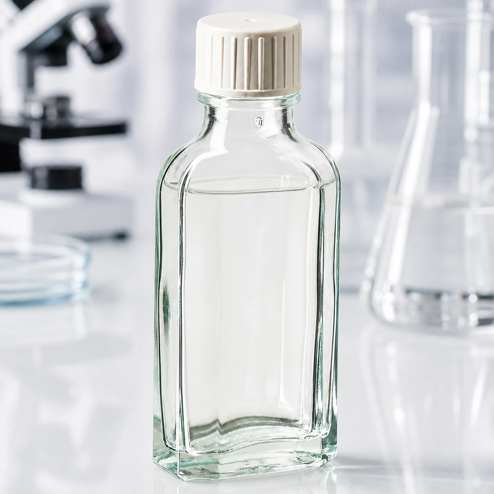 Mała prostokątna szklana buteleczka o pojemności 50 ml z białą plastikową nakrętką w laboratorium