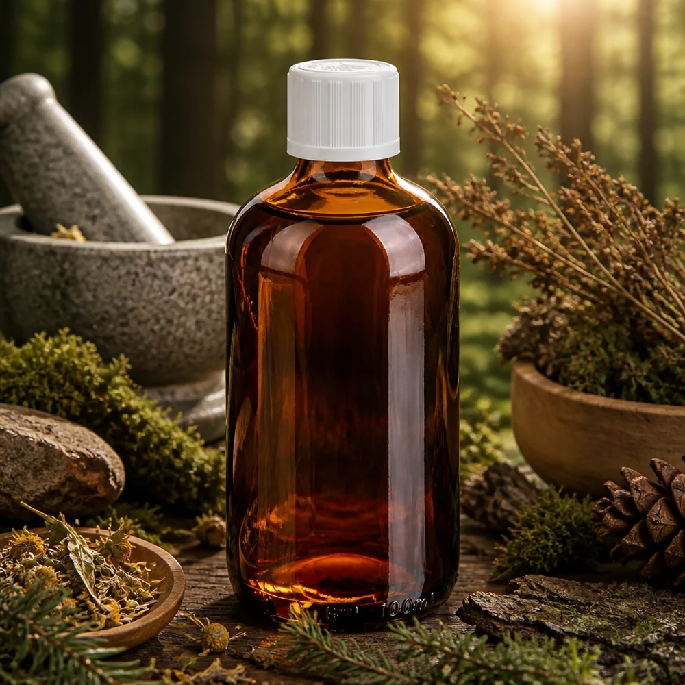 100 ml aptekarska butelka z zakraplaczem z brązowego szkła z białą nakrętką KiSi w naturalnym otoczeniu leśnym