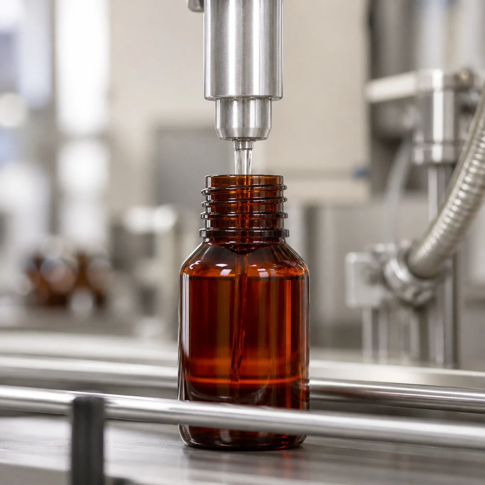 Linia rozlewnicza napełnia brązowe butelki PET o pojemności 50 ml z oryginalnymi zielonymi nakrętkami w ramach produkcji farmaceutycznej