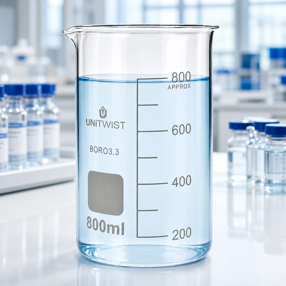 Szklanka UNITWIST o pojemności 800 ml, wykonana ze szkła borokrzemowego, o wysokim profilu, z miejscem na opis i precyzyjną skalą