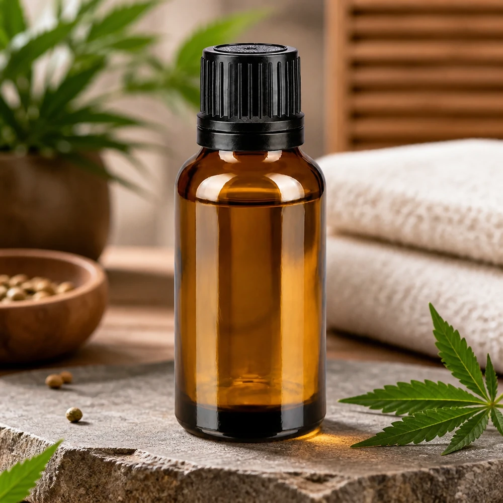 20 ml buteleczka z kroplomierzem z brązowego szkła z czarną zakrętką obok liści konopi i nasion konopi
