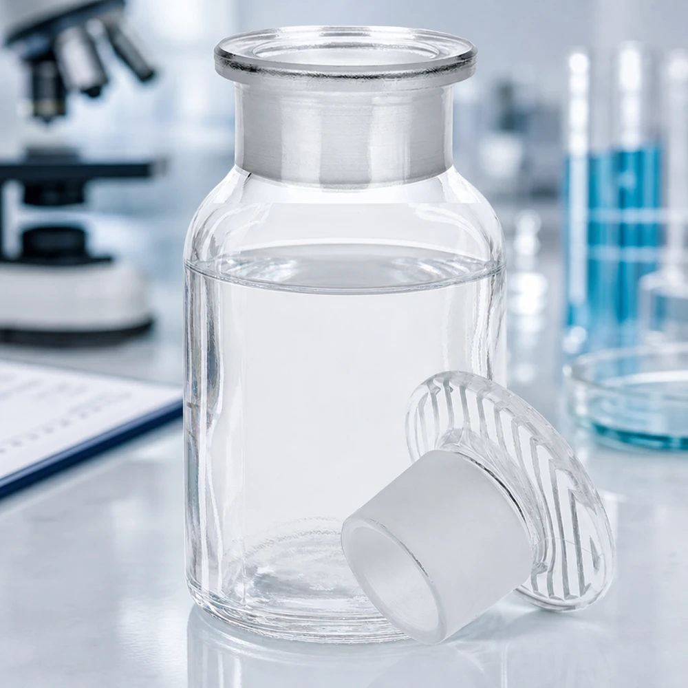 Butelka o zaokrąglonych ramionach, 100 ml, z szeroką szyjką i szlifowanym korkiem szklanym, hermetyczna, przeznaczona do chemikaliów laboratoryjnych