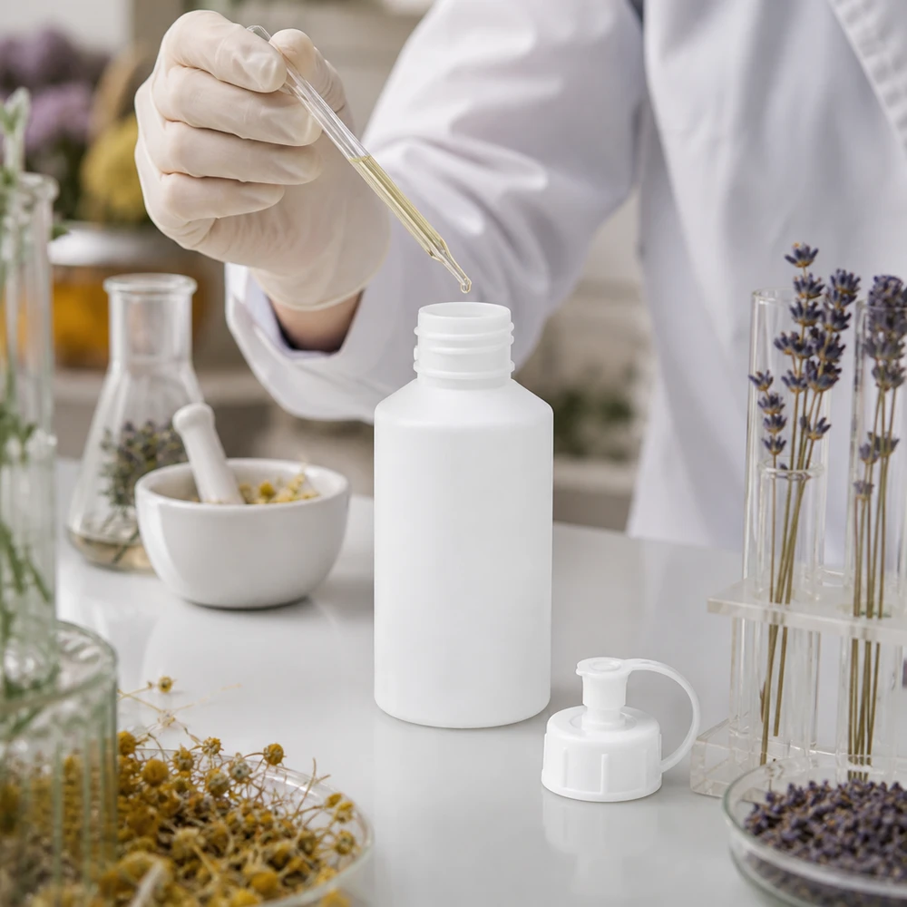 Biała butelka apteczna z HDPE o pojemności 50 ml z otwartym zamknięciem typu spray, obok kwiatów lawendy w laboratorium