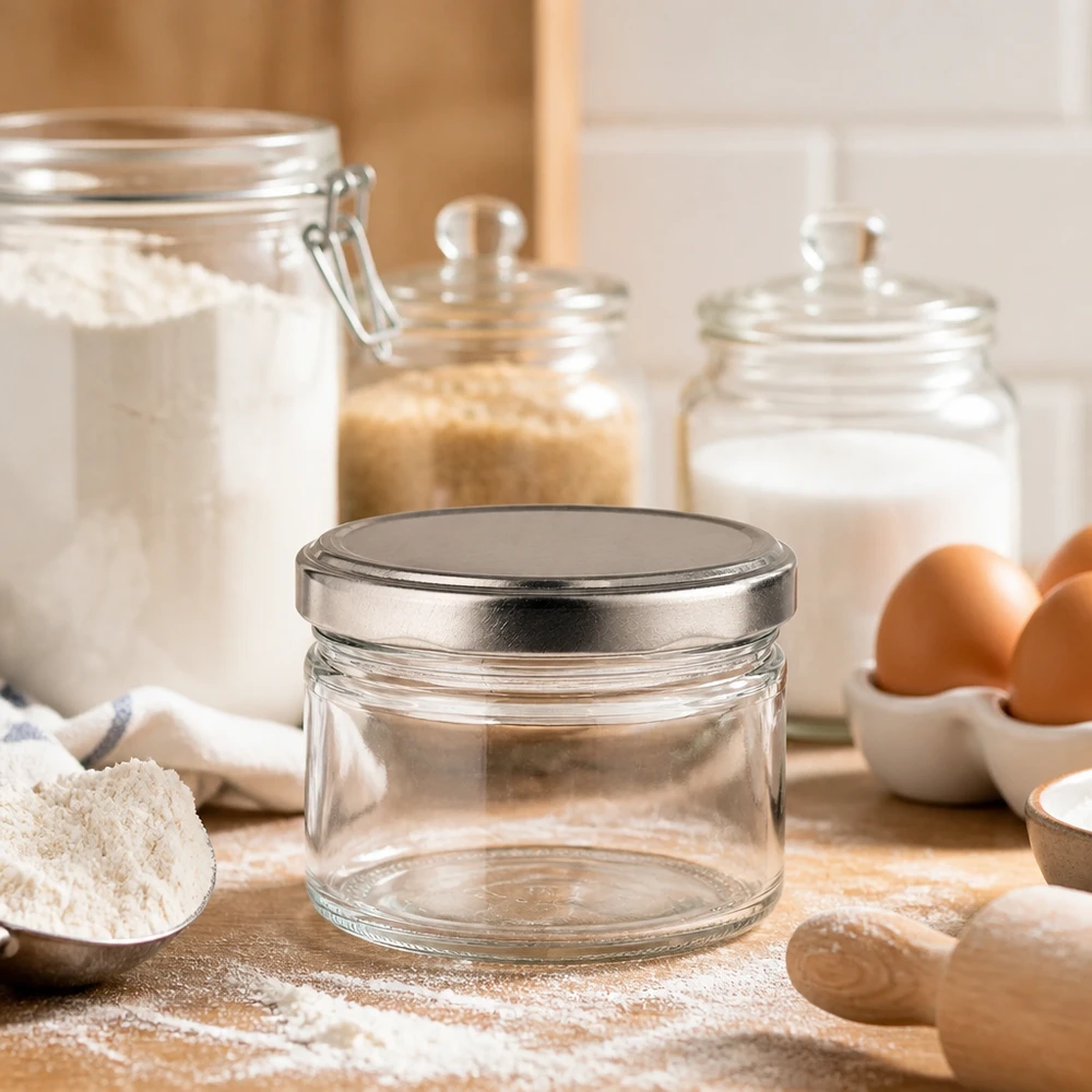 540ml okrągły pusty słoik ze srebrną matową pokrywką do kuchni, składniki do pieczenia mąka jajka, uniwersalny słoik do przechowywania