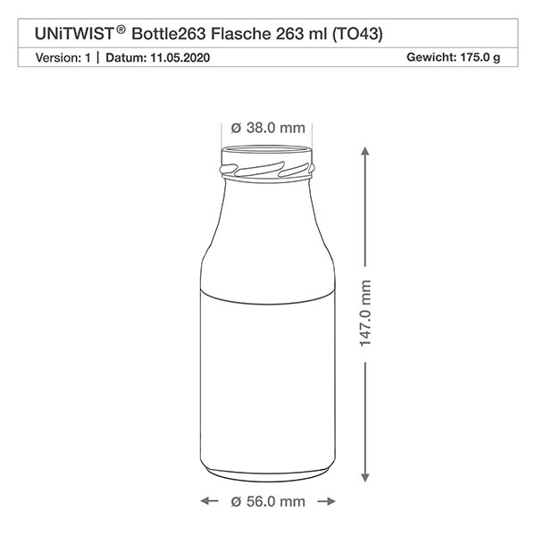 UNiTWIST Bottle263 - Butelka o pojemności 263 ml TO43 UNiTWIST Bottle263 szklana butelka 263ml TO43 o wymiarach 147mm wysokość 56mm średnica rysunek techniczny