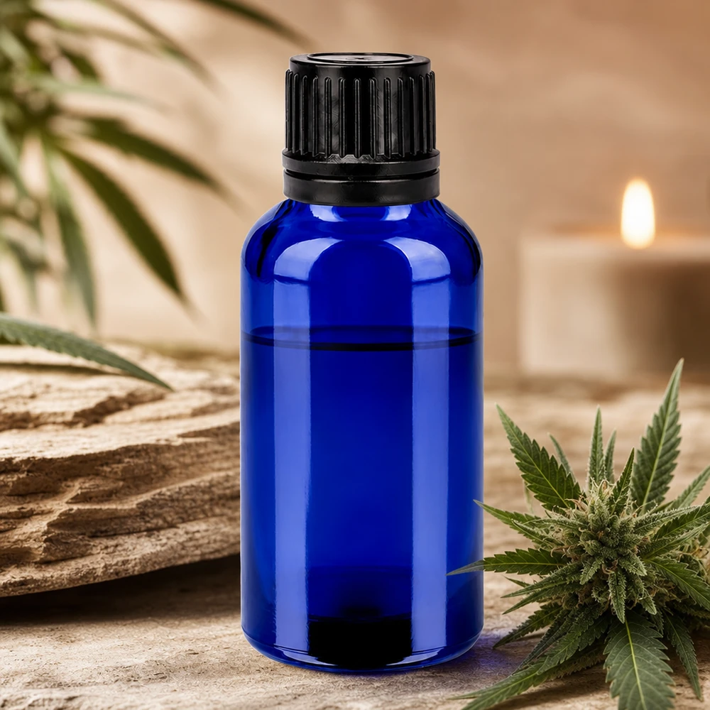 Kompaktowa butelka ze szkła kobaltowego o pojemności 30 ml z ochroną UV i niekapiącą zakrętką o średnicy 11 mm