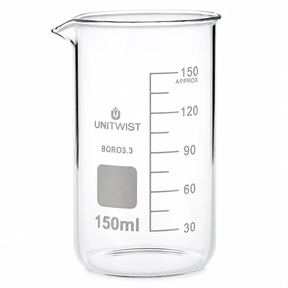 Zlewka 150 ml borokrzemianowa, wysoka UNITWIST Szklanka o pojemności 150 ml, wysoka, wykonana z przezroczystego szkła borokrzemowego, z podziałką mililitrową, UNITWIST