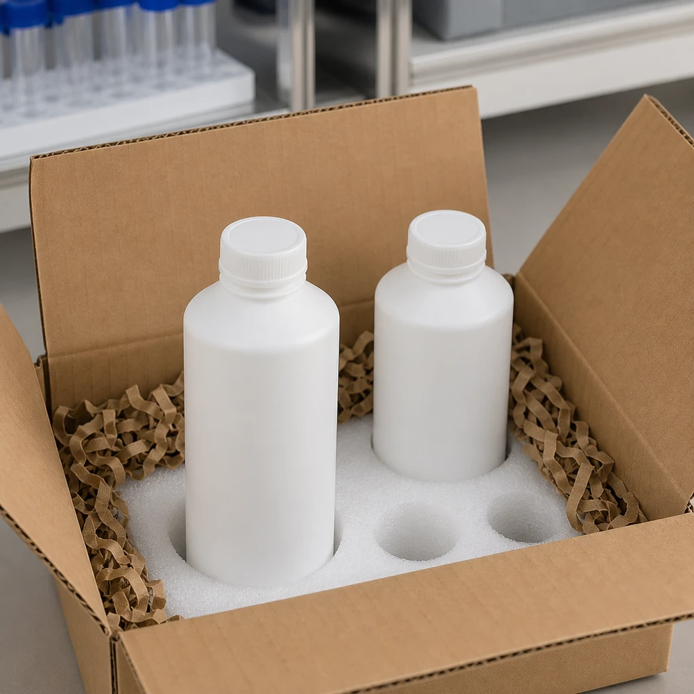 Dwie białe butelki apteczne z HDPE o pojemności 100 ml, bez nakrętek, bezpiecznie zapakowane w kartonowe pudełko z wkładką z pianki