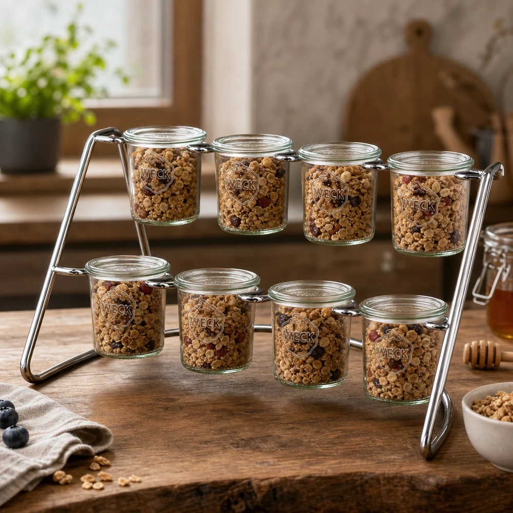 Stojak Flato8 na 8 słoików WECK WECK Serviergestell Flato8 mit Müsli und Nüssen gefüllt zeigt praktische Küchenorganisation auf Holztisch