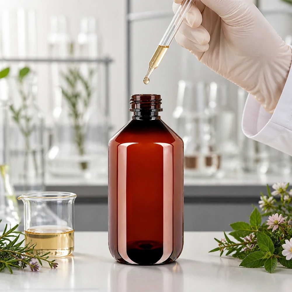 Butelka PET 500 ml z brązową nakrętką Standard PET Flasche 500ml braun mit schmalem Hals und Standardverschluss für Öle und Tinkturen