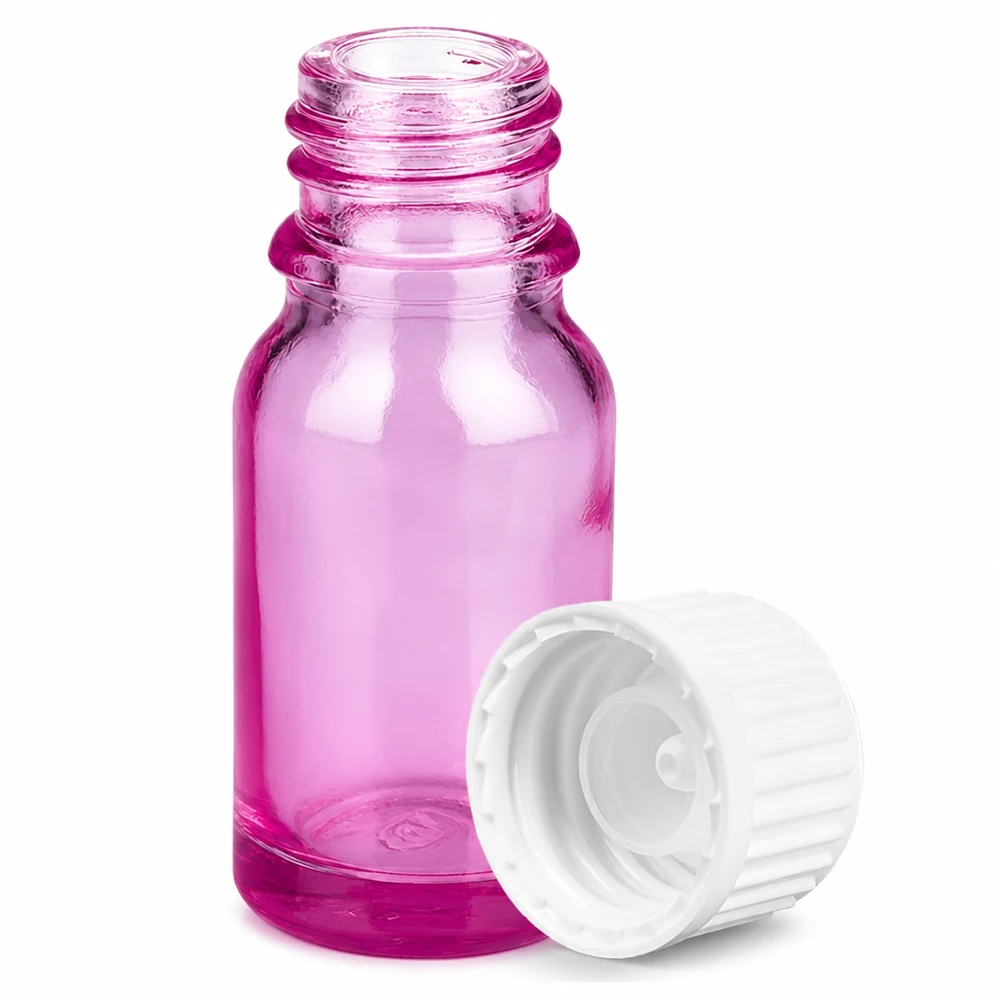 Butelka o pojemności 10 ml. Pierścień do nalewania 3 mm, biały, standardowy PurpleLine. UT18/10 Mała szklana buteleczka o pojemności 10 ml w kolorze fioletowym z praktyczną zakrętką do aromaterapii